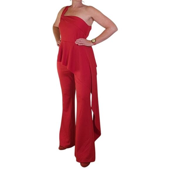 NEW YORK & COMPANY Red Asymmetric Jumpsuit, Size Medium - Picture 3 of 16